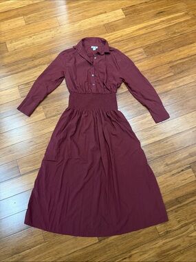 Future Collective Smocked Waist Long-Sleeve Shirtdress in Burgundy XS